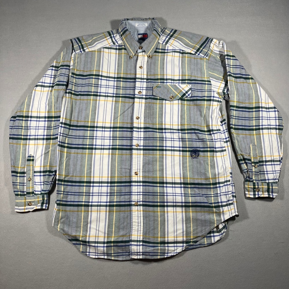 Vtg Tommy Hilfiger Mens L Plaid Button Down Oxford Shirt Crest Logo Long Sleeve